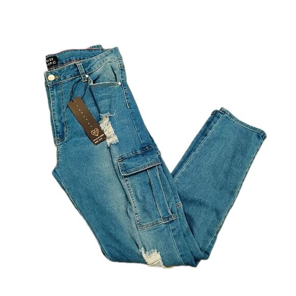 Blue Topic Womens distressed ripped light Blue Jeans cargo utility y2k straight - Picture 1 of 7